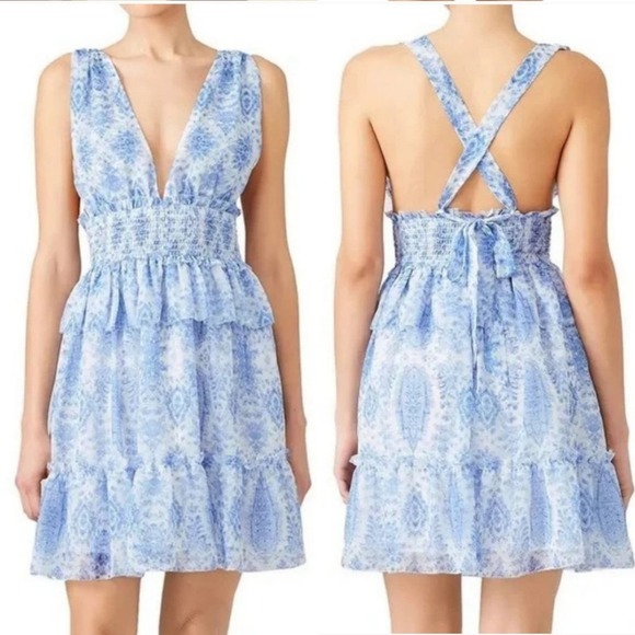 Anthropologie Saylor Blue Holly Dress Halter Criss Cross Back Smocked Large Boho - Picture 1 of 6